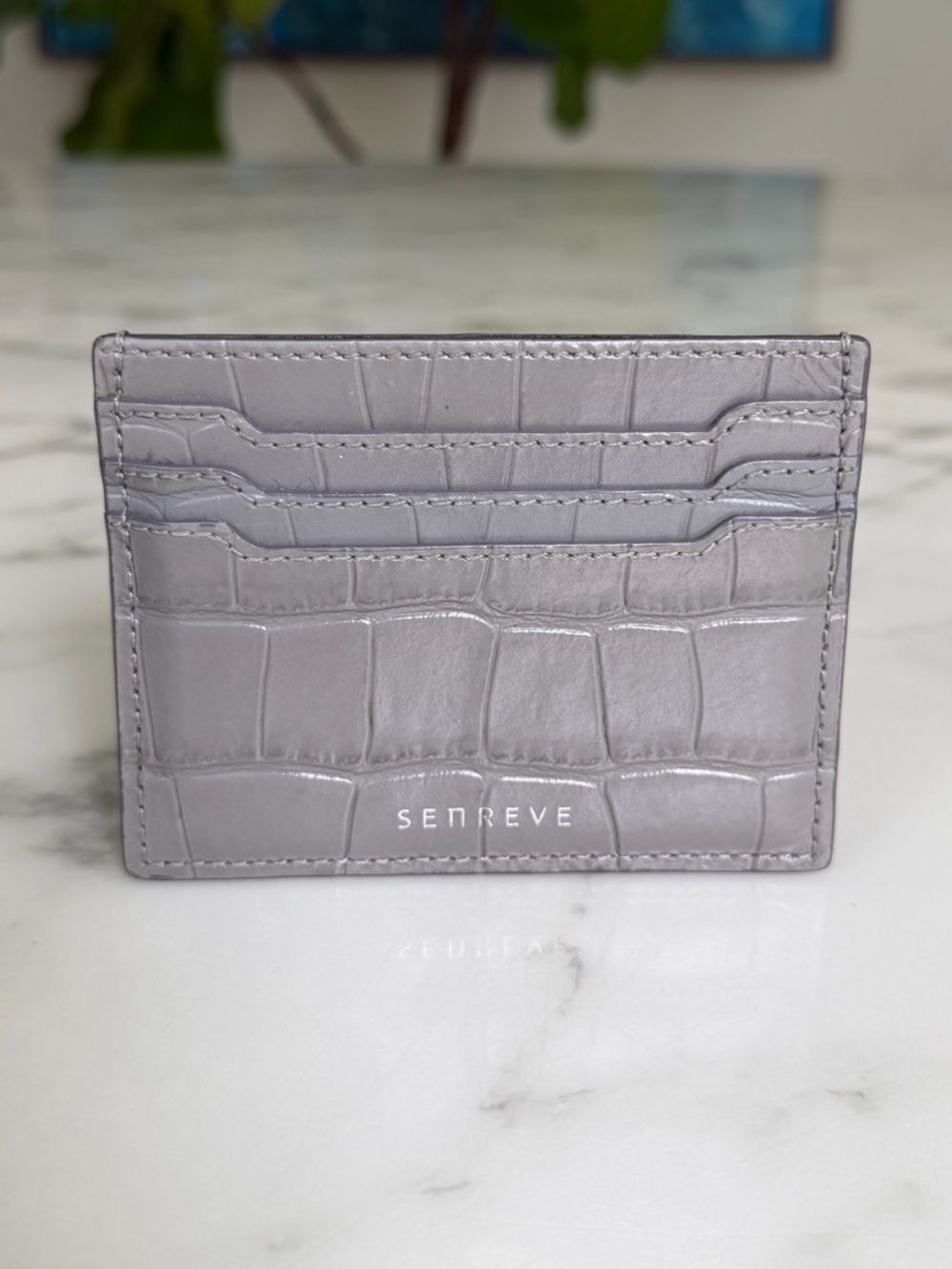 Senreve Carte Folio Dragon Croc Embossed Leather Card Holder Storm Gray